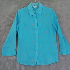 Appraisal Lg Button Up Shirt 3/4 Sleeve Aqua Blue‎ Floral Embroidered Ramie